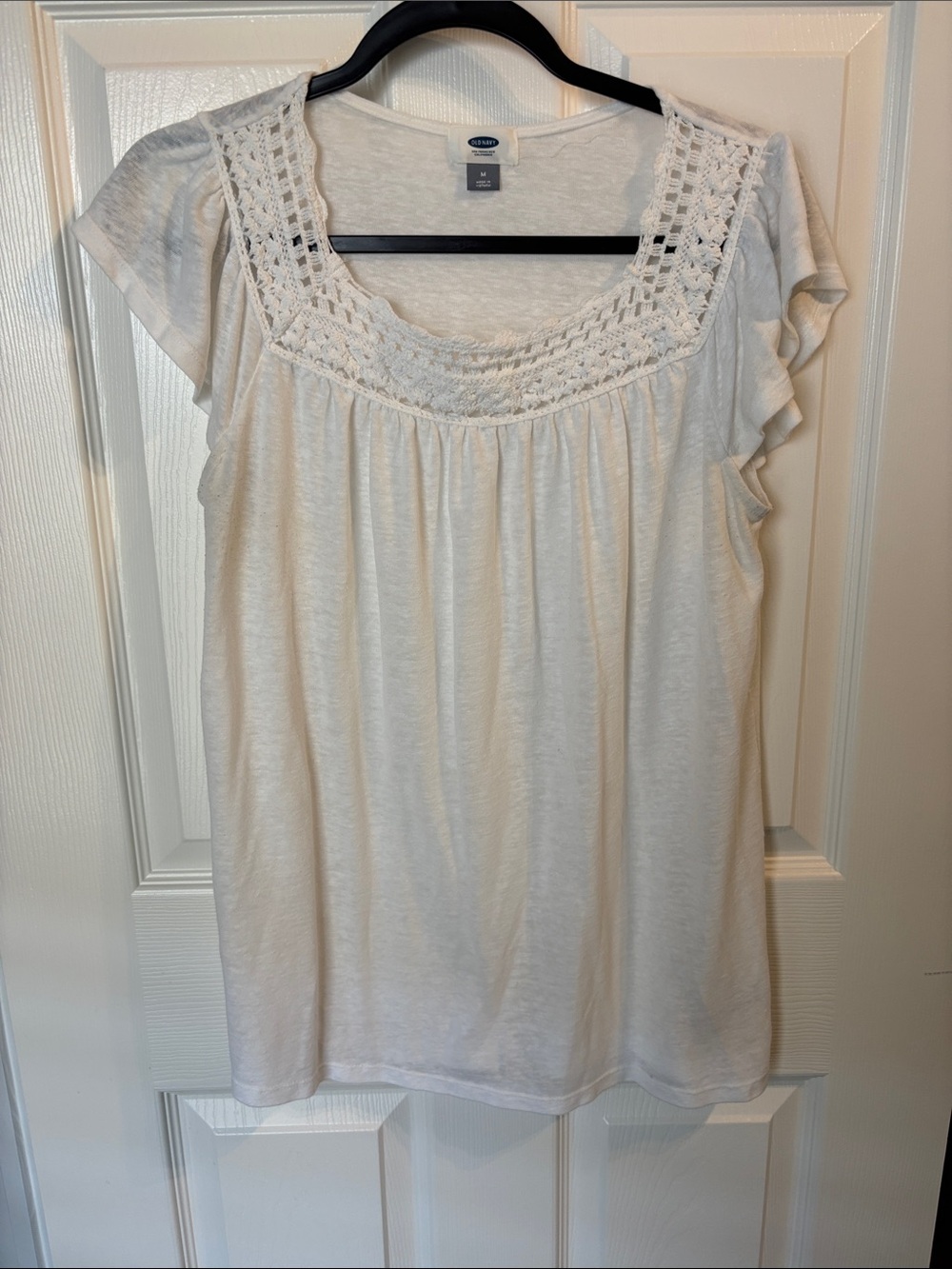 Old Navy Cream Crochet Yoke Flutter Sleeve Top